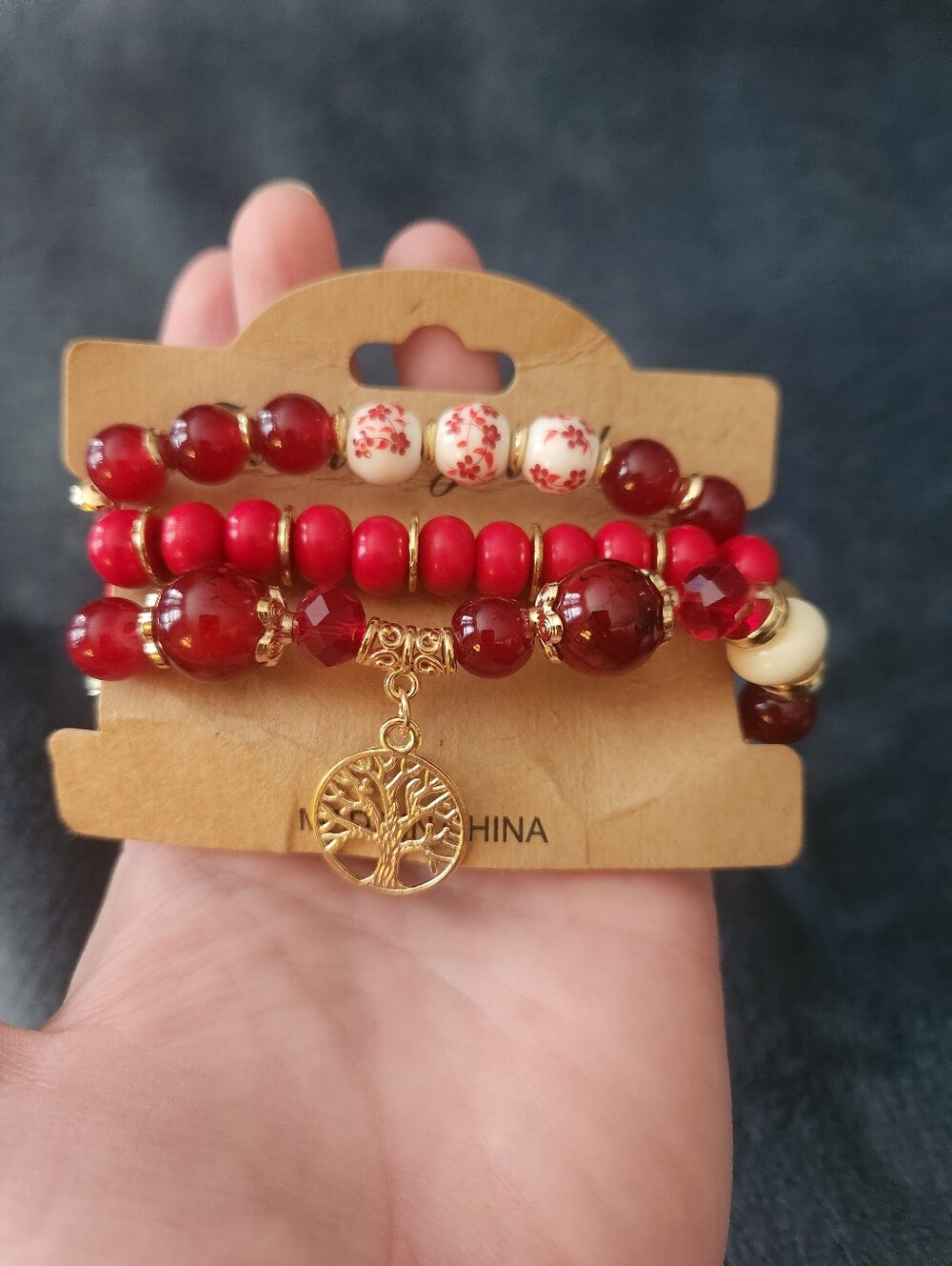Beaded Red and Cream Stackable Bracelet Set with Gold Tree Of Life Charm